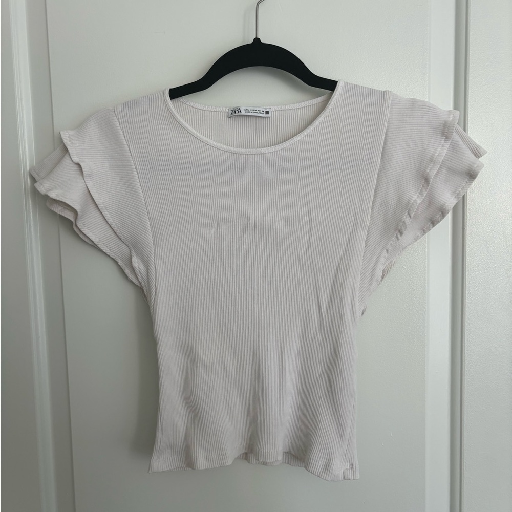 Zara White Ribbed Cropped Top with Ruffle Sleeves Size M
